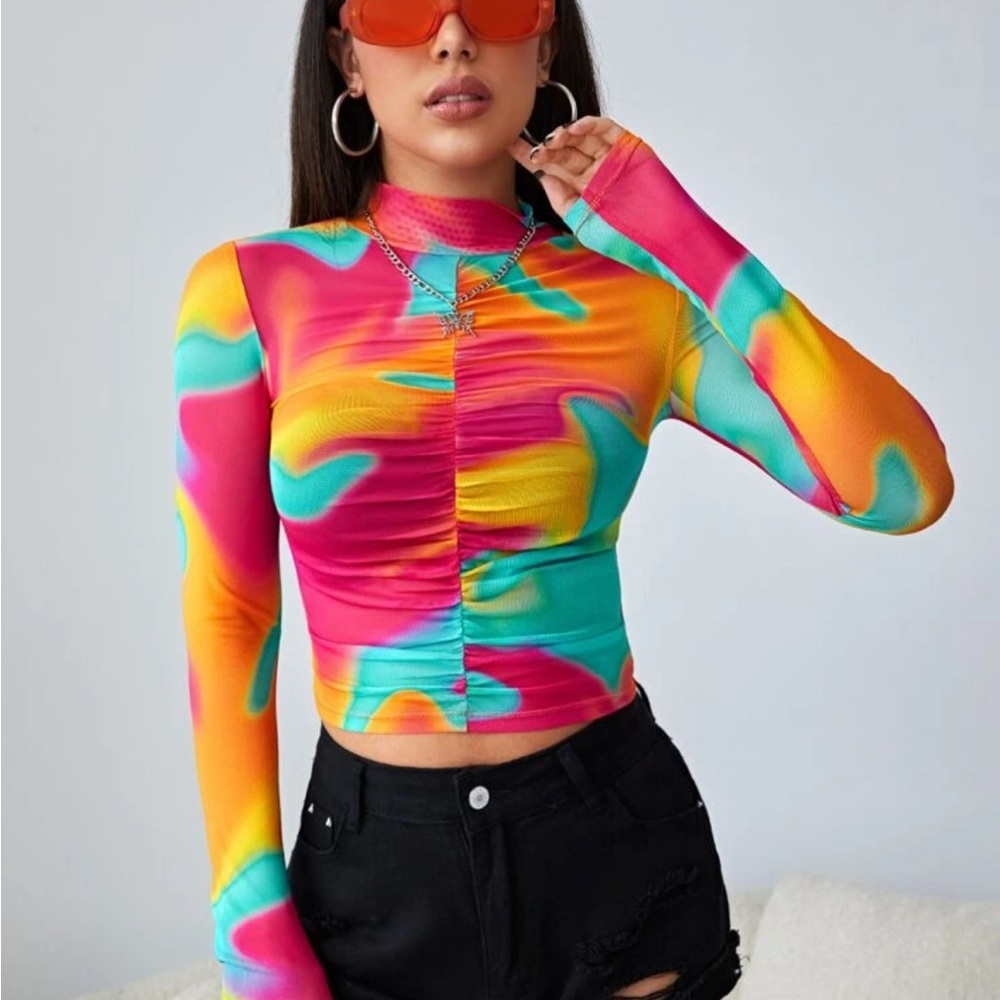 ICON Tie Dye Colorblock Ruched Front Graphic Tee